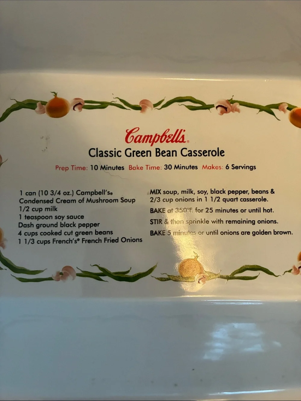 White Ceramic Green Bean Casserole Baking Dish By Campbell’s